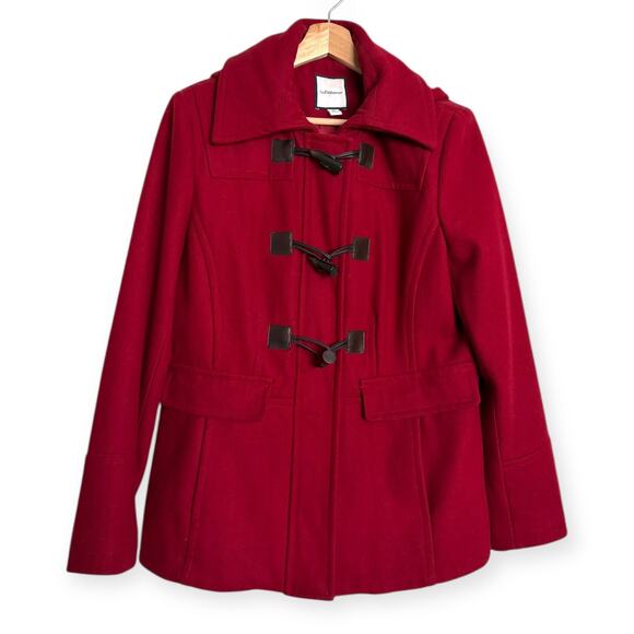 Croft & Barrow Red Wool Blend Hooded Toggle Button Short Pea Coat Women's M - Picture 1 of 12